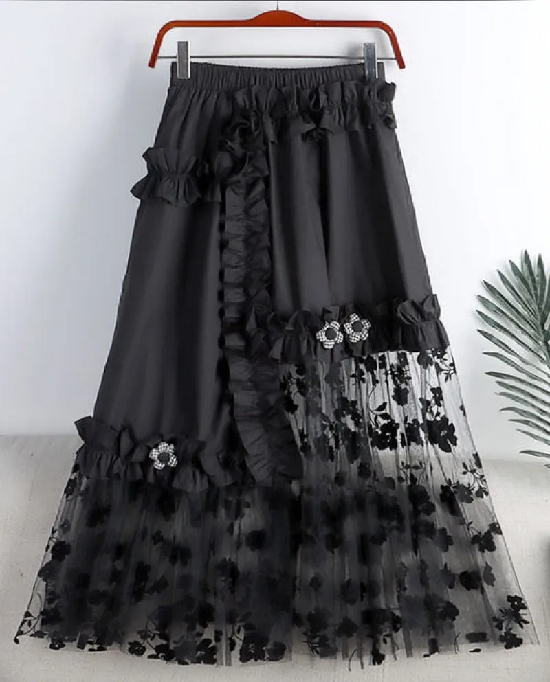 Estate Nuove Signore Stile Casual Elegante Maglia Fiore Stame Gonna Aline Floccaggio Cuciture Irregolari Pieghettato Partito Sha