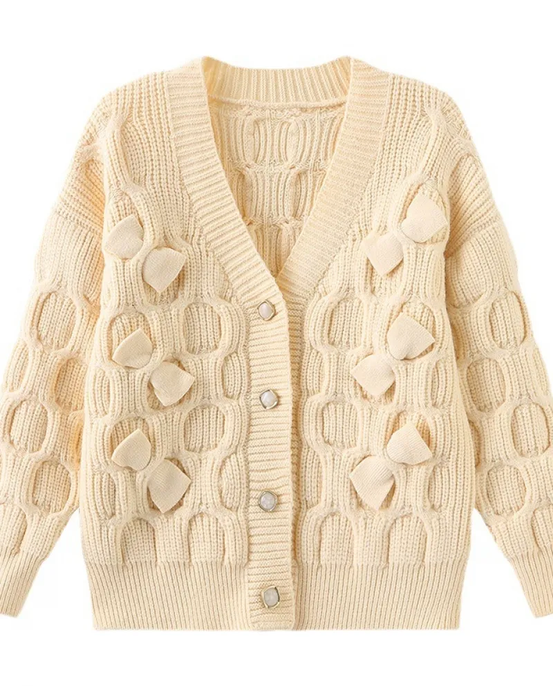Giacca in maglione con scollo a V in maglia con fiocco in cardigan intrecciato spesso fatto a mano da bambina