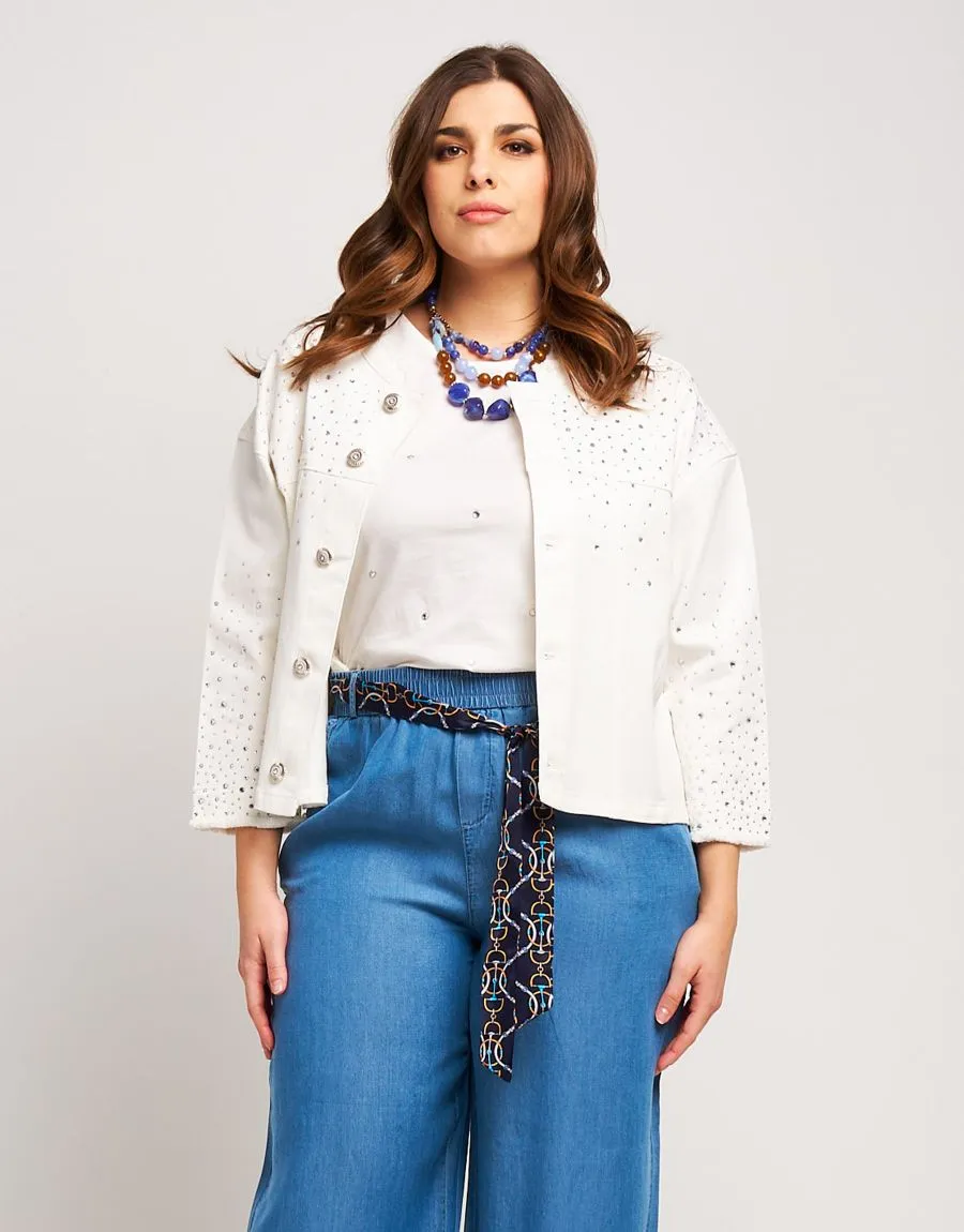 Giubbino di jeans bianco con strass