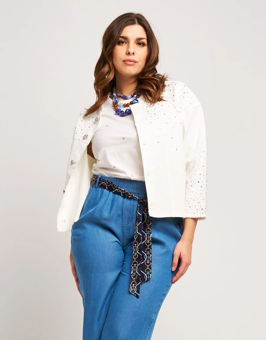 Giubbino di jeans bianco con strass