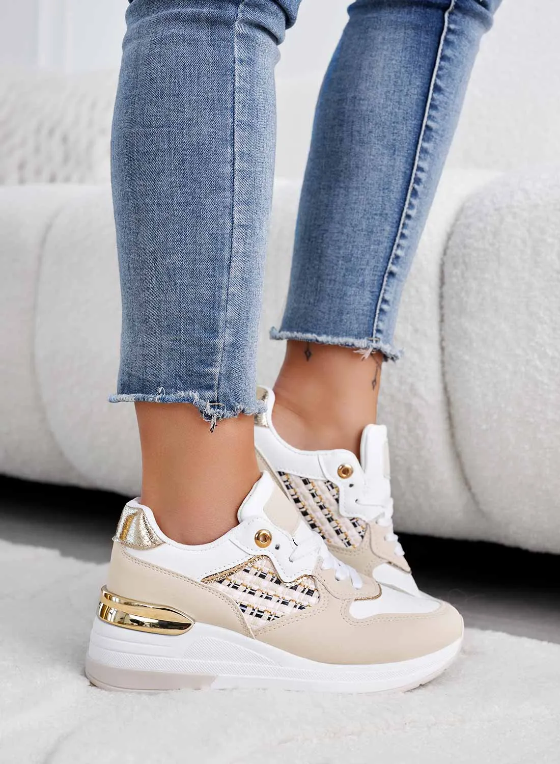 HANNA - Sneakers beige con inserti in tessuto
