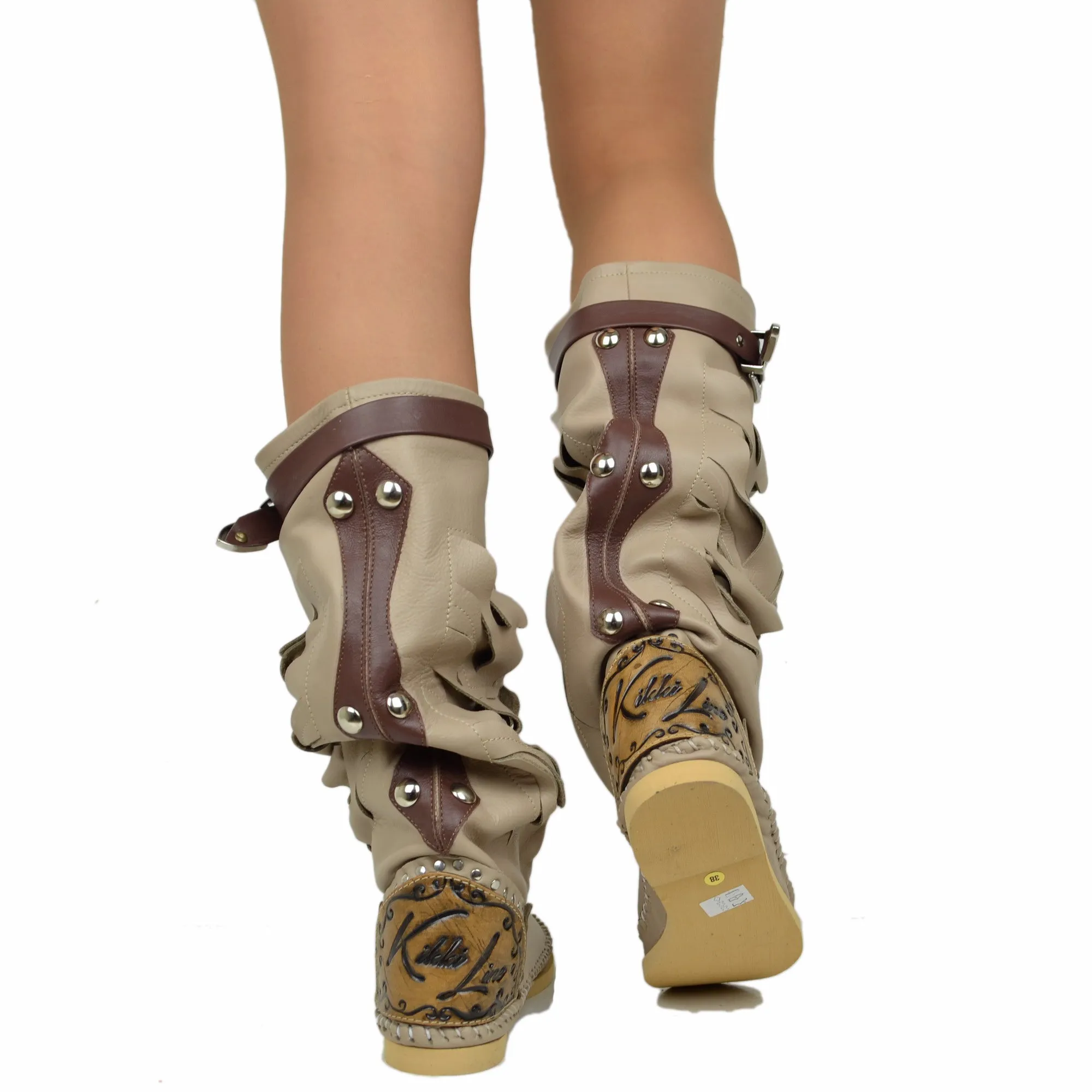 Indianini Ibiza Boho Vera Pelle Taupe e Cuoio Originali KikkiLine