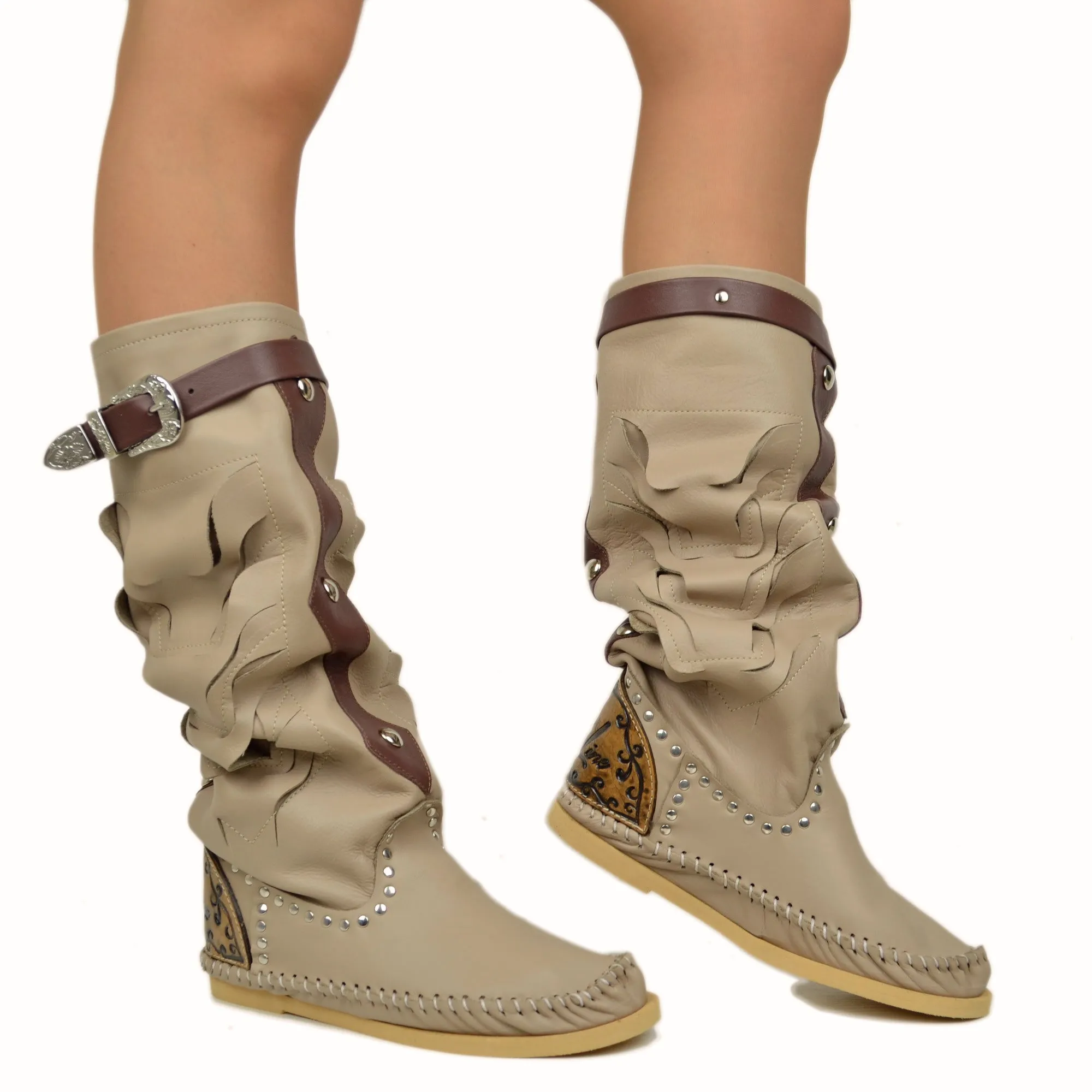 Indianini Ibiza Boho Vera Pelle Taupe e Cuoio Originali KikkiLine