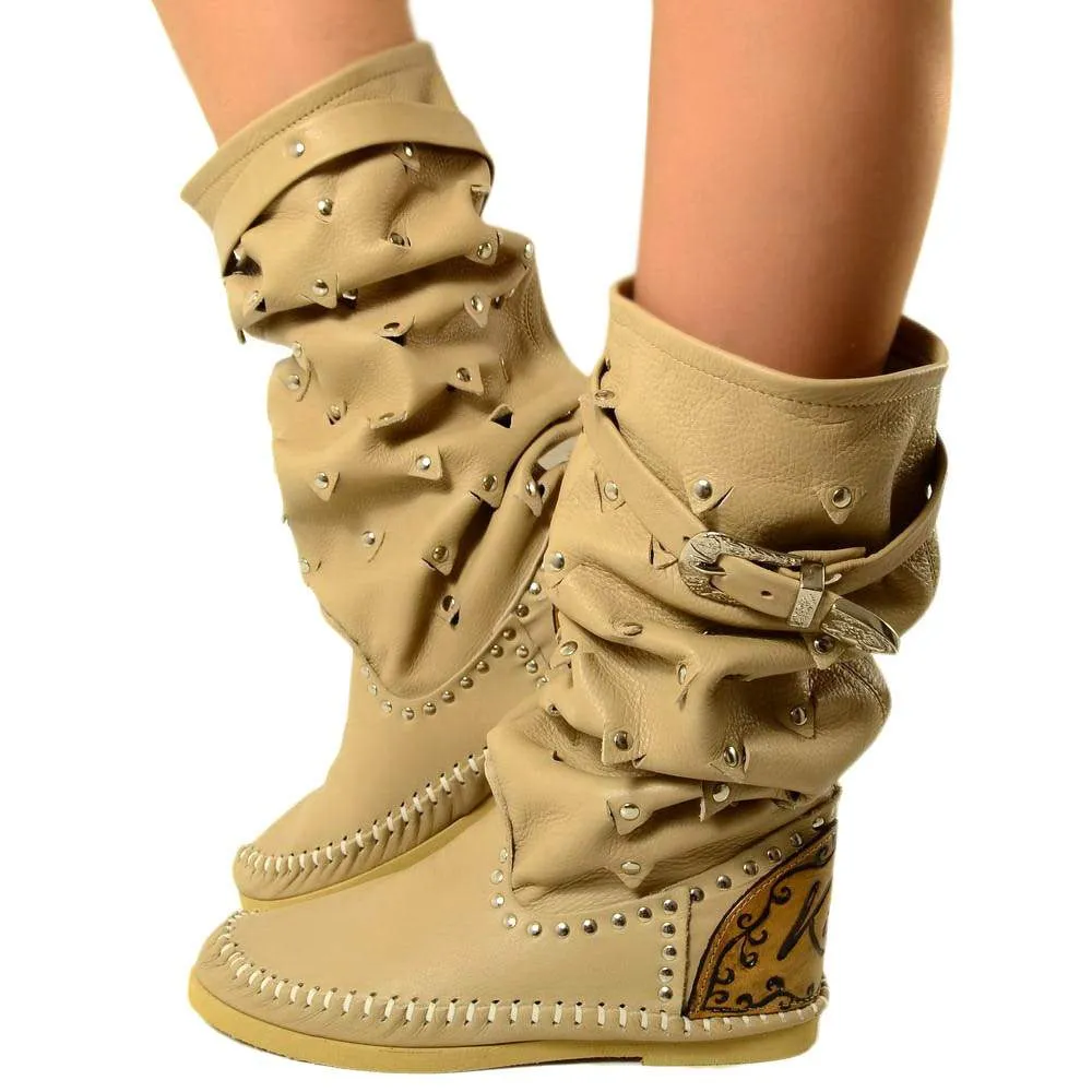 Indianini Stivali Estivi Beige KikkiLine in Pelle Made in Italy