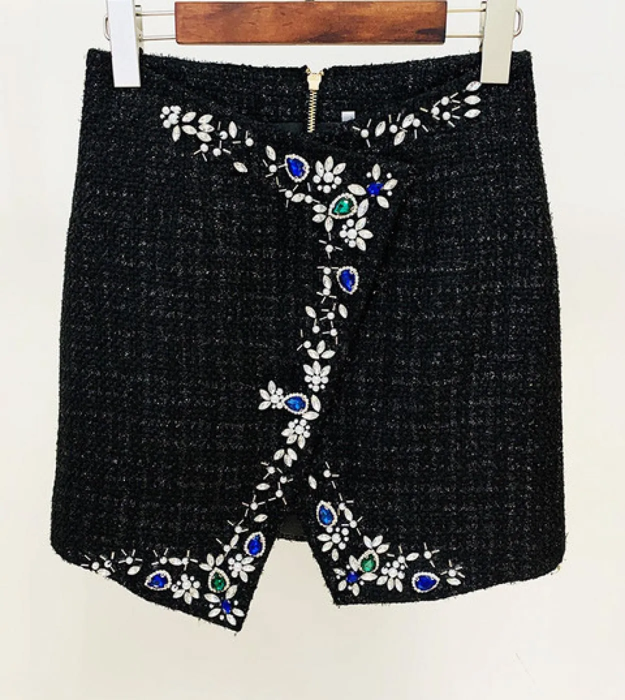 June Lips Newest 2022 Fw Designer Fashion Strass Diamonds Gonna in tweed asimmetrico misto perline