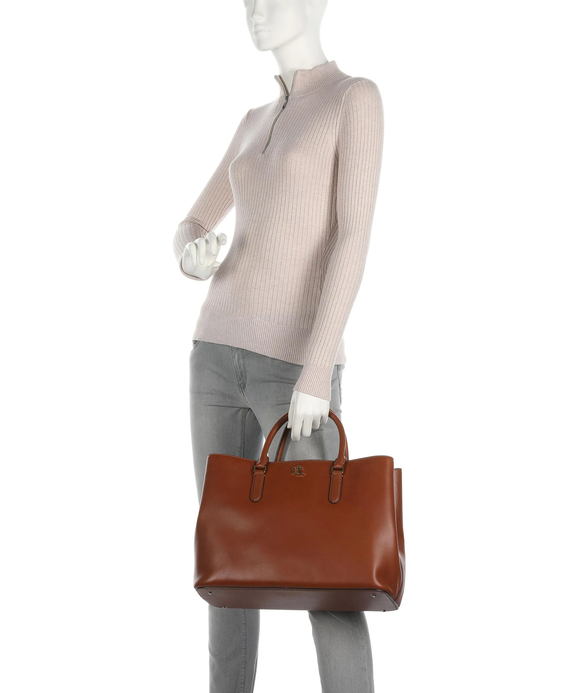  Lauren Ralph Lauren Marcy 36 Borsa a mano pelle di vacchetta finemente grana tan  