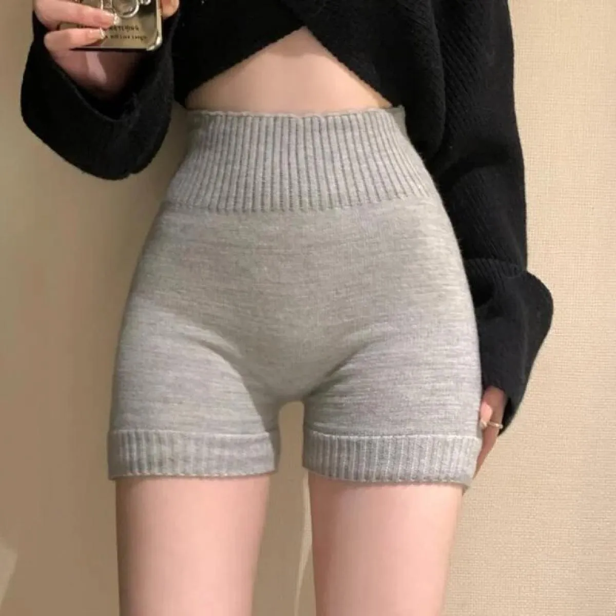 Leggings corti autunno inverno Pantaloncini in maglia di lana Autunno da donna maglione a vita alta spesso pantalone corto Panta