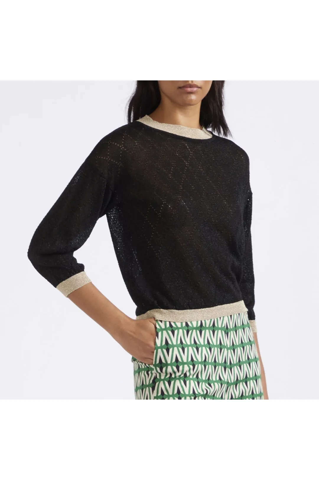 maglia girocollo in lurex con motivo traforo nero