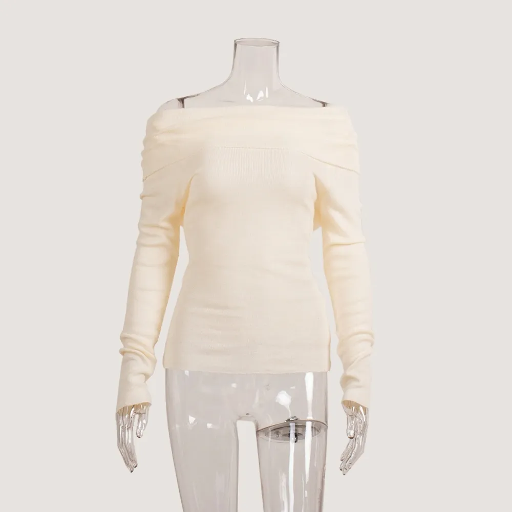 Maglione con spalle scoperte Europa e America 2024 Primavera femminile Slim Tinta unita Pullover Colletto a una linea Swe a mani