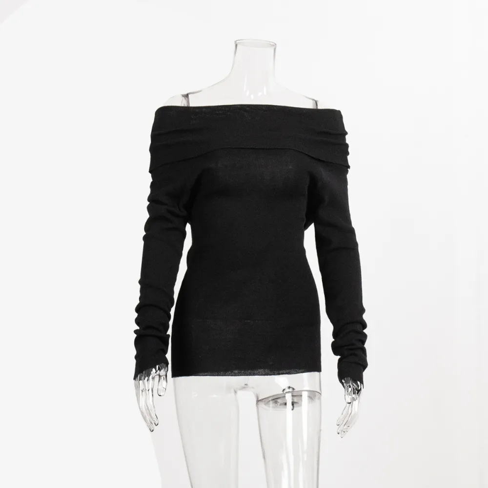 Maglione con spalle scoperte Europa e America 2024 Primavera femminile Slim Tinta unita Pullover Colletto a una linea Swe a mani