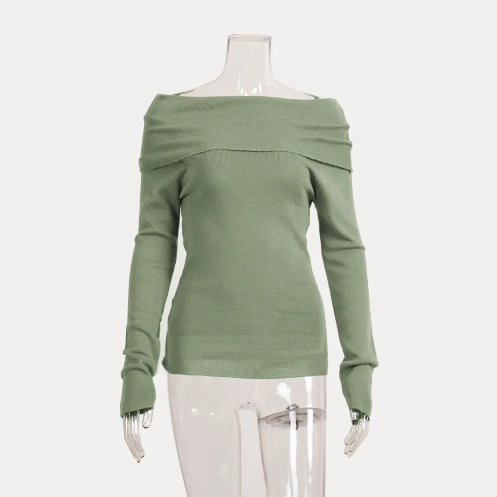 Maglione con spalle scoperte Europa e America 2024 Primavera femminile Slim Tinta unita Pullover Colletto a una linea Swe a mani
