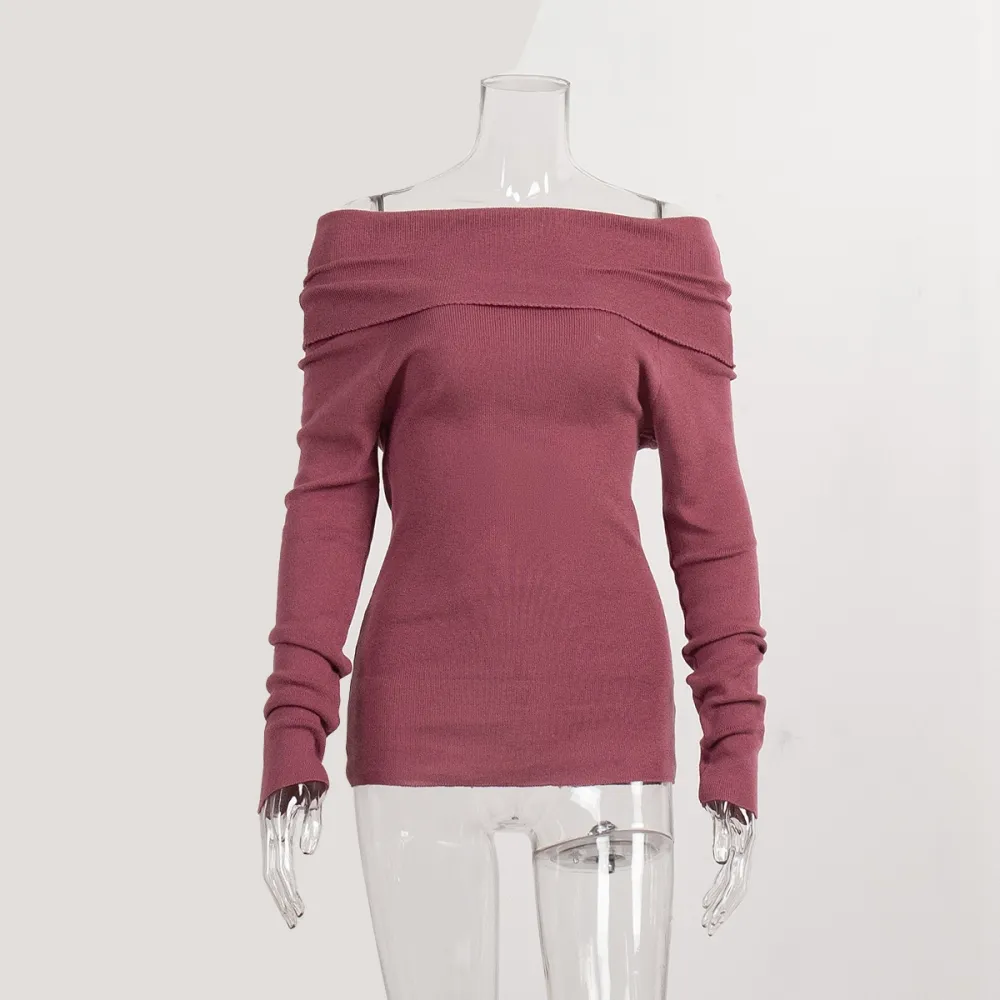 Maglione con spalle scoperte Europa e America 2024 Primavera femminile Slim Tinta unita Pullover Colletto a una linea Swe a mani