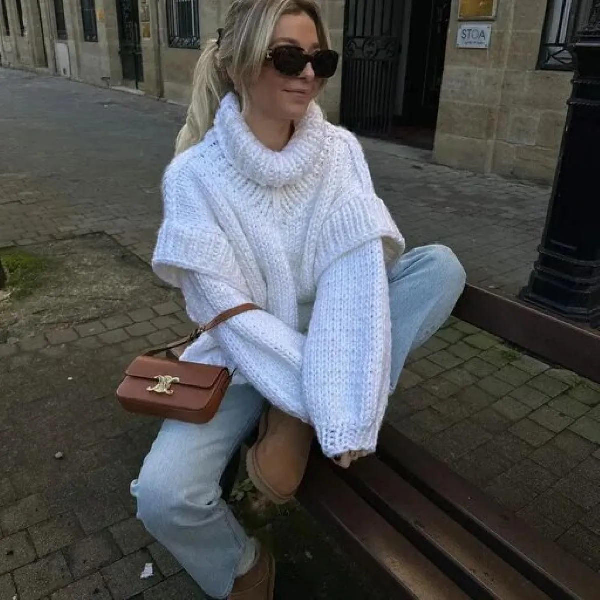 Maglione da donna a collo alto lavorato a maglia tinta unita invernale caldo manica a lanterna pullover oversize maglieria moda