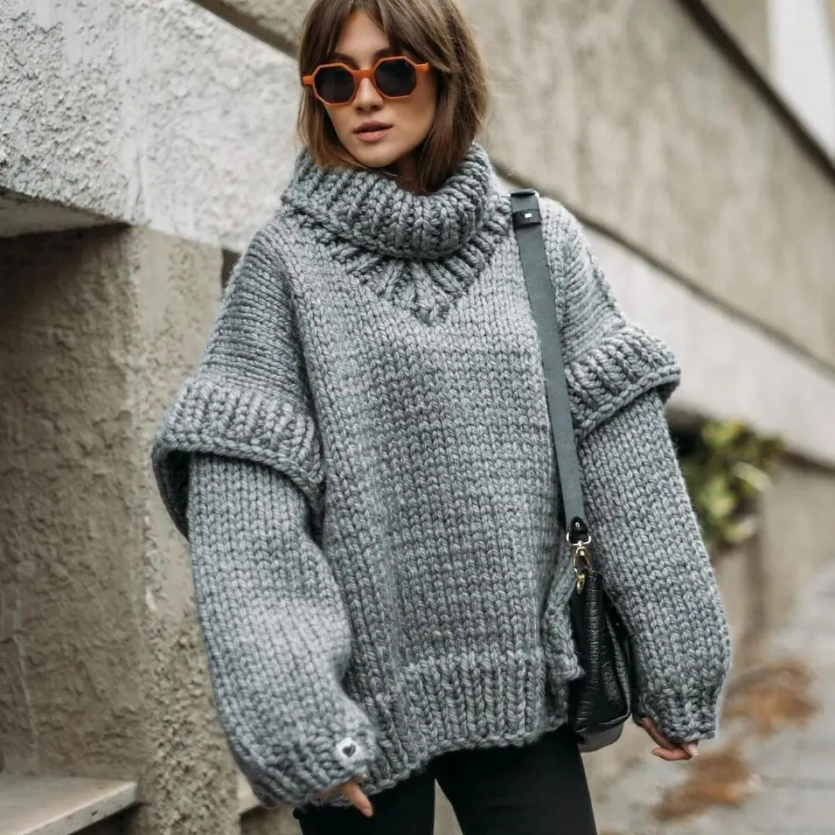 Maglione da donna a collo alto lavorato a maglia tinta unita invernale caldo manica a lanterna pullover oversize maglieria moda