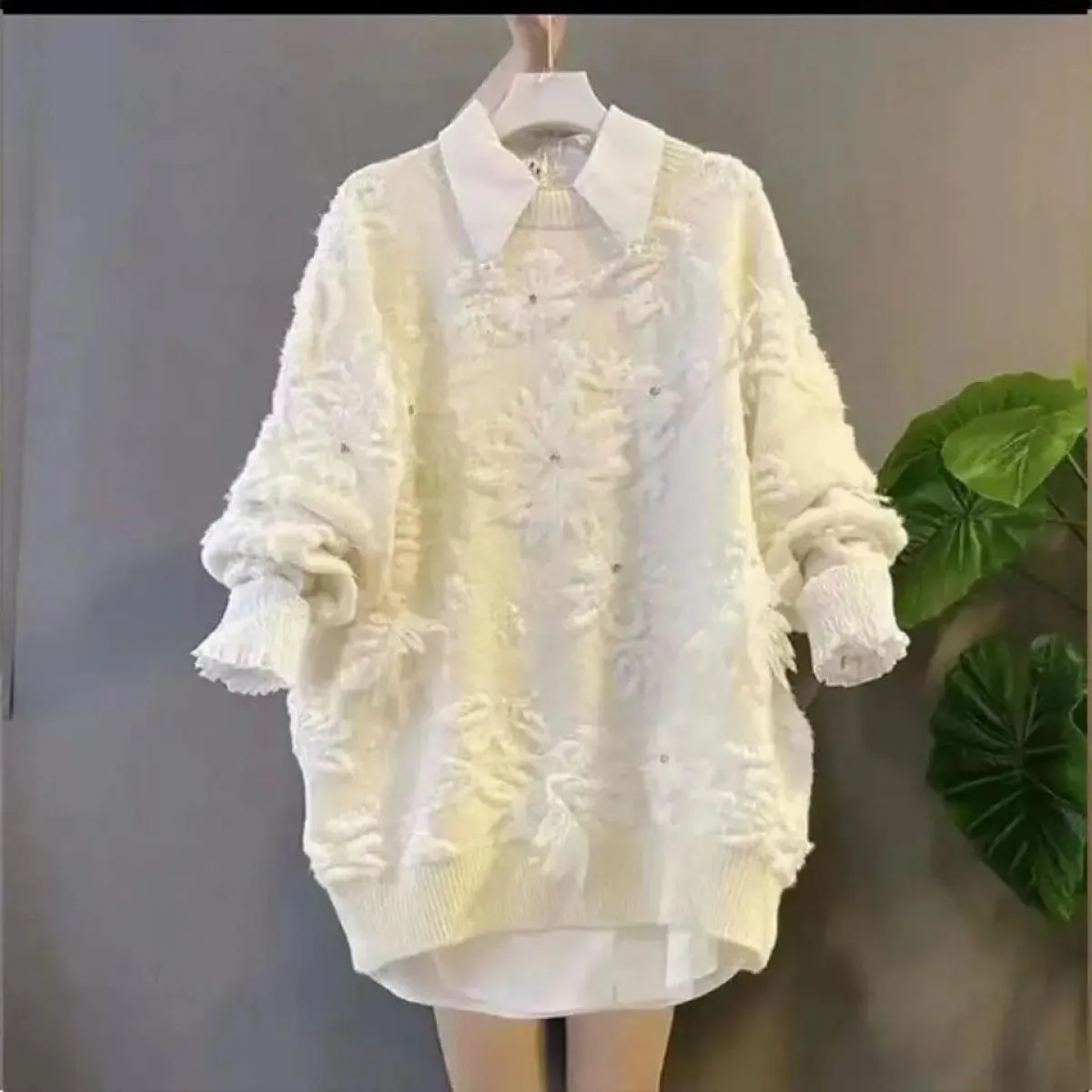 Maglione Joker retrò da donna casual all'uncinetto con perline floreali pullover allentato top da donna per il tempo libero all'