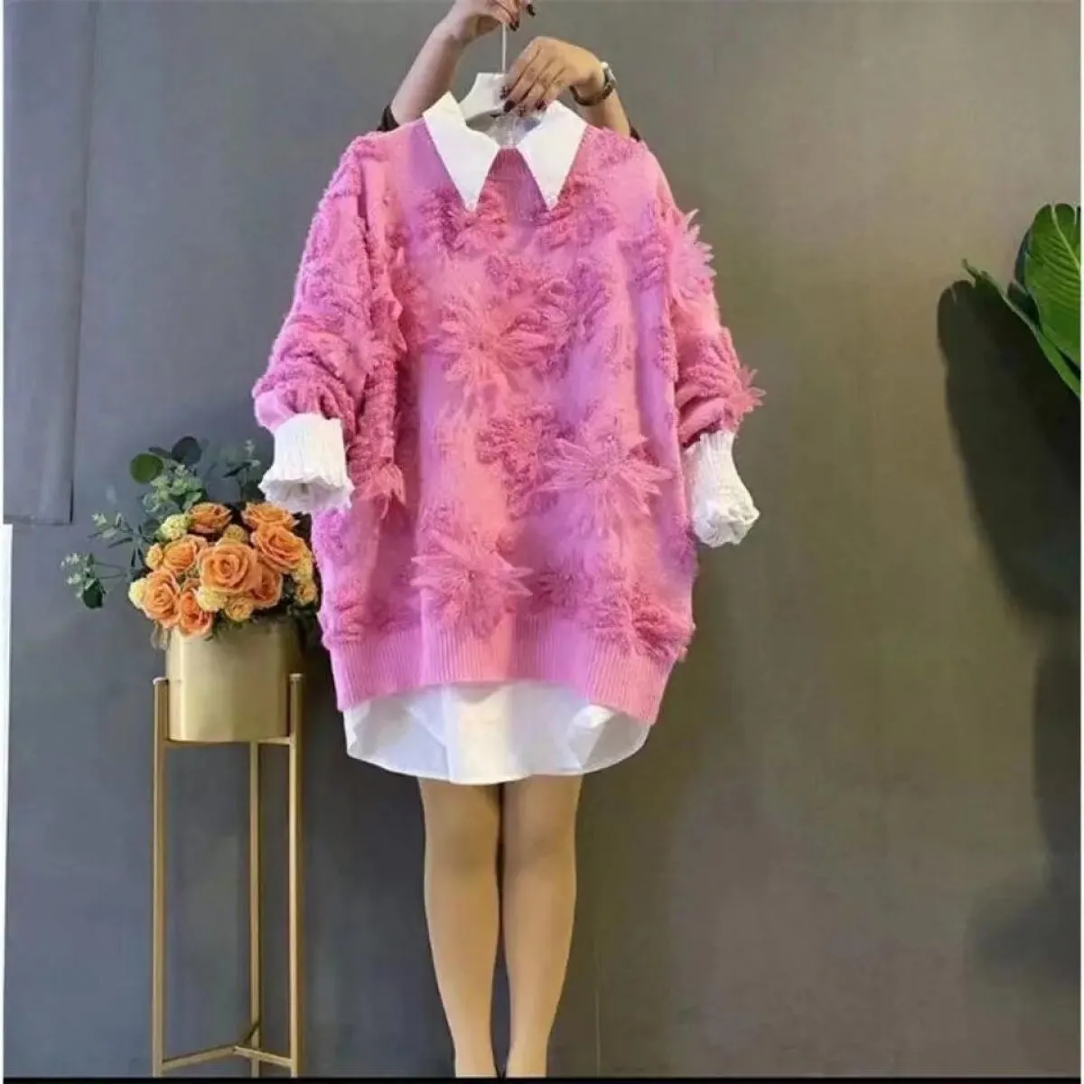 Maglione Joker retrò da donna casual all'uncinetto con perline floreali pullover allentato top da donna per il tempo libero all'