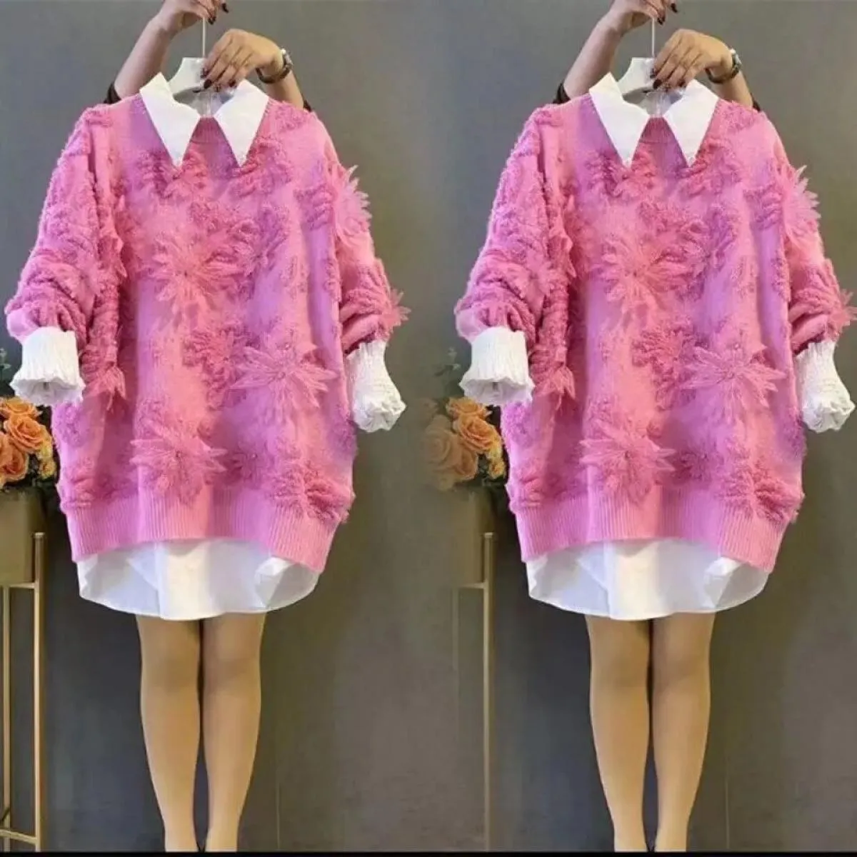 Maglione Joker retrò da donna casual all'uncinetto con perline floreali pullover allentato top da donna per il tempo libero all'