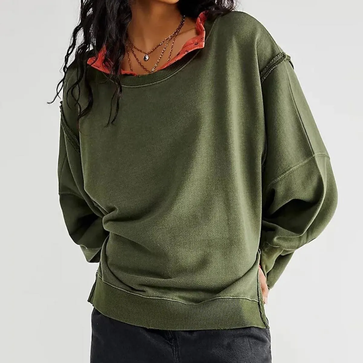 Maglione oversize da donna con collo rotondo e spalla cadente, maglioni pullover larghi casual da donna, moda vintage basic, mag