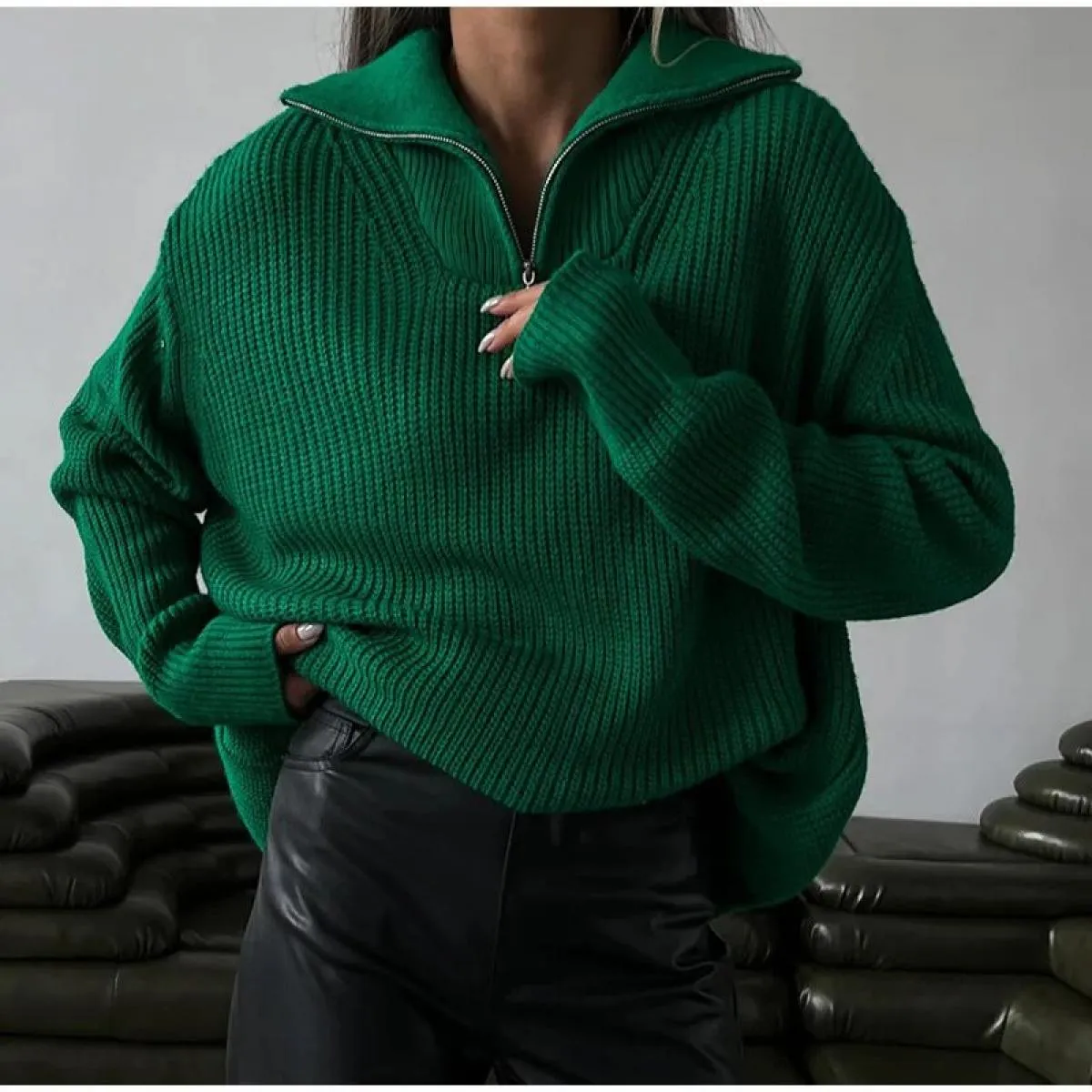 Maglioni da donna Tinta unita Verde Blu Pullover Manica lunga Maglione lavorato a maglia casual Donna Inverno Dolcevita da donna