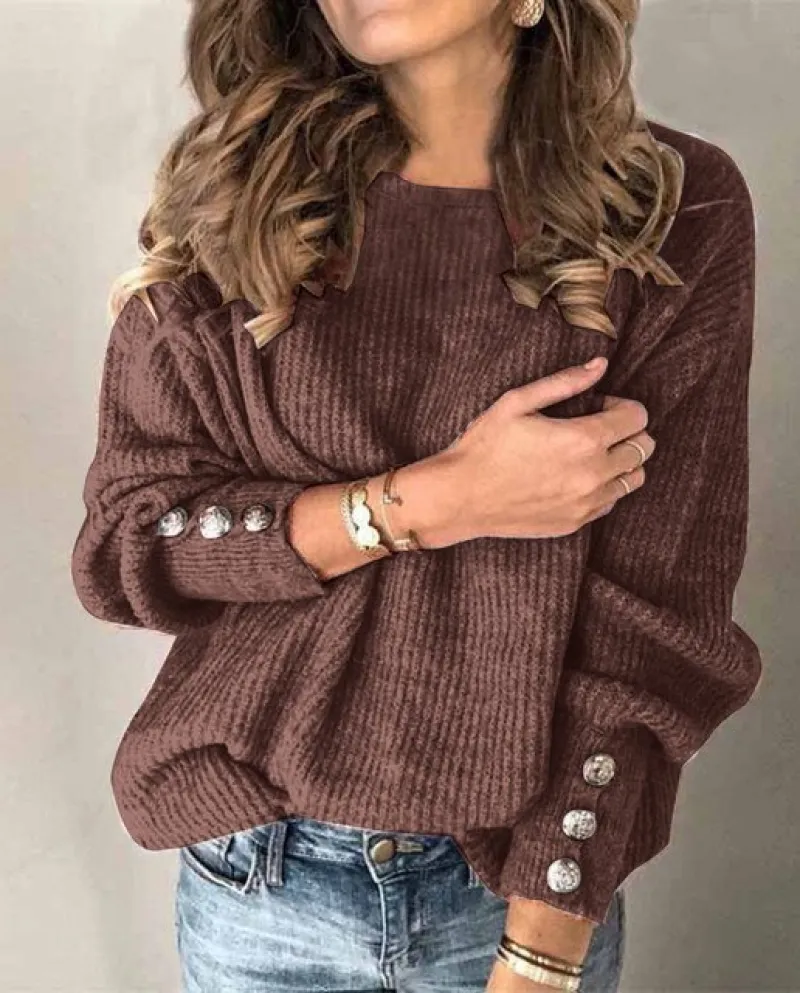 Maglioni da donna Top girocollo Bottoni a tinta unita Maglioni lavorati a maglia Maglione casual Pullover a maniche lunghe caldo