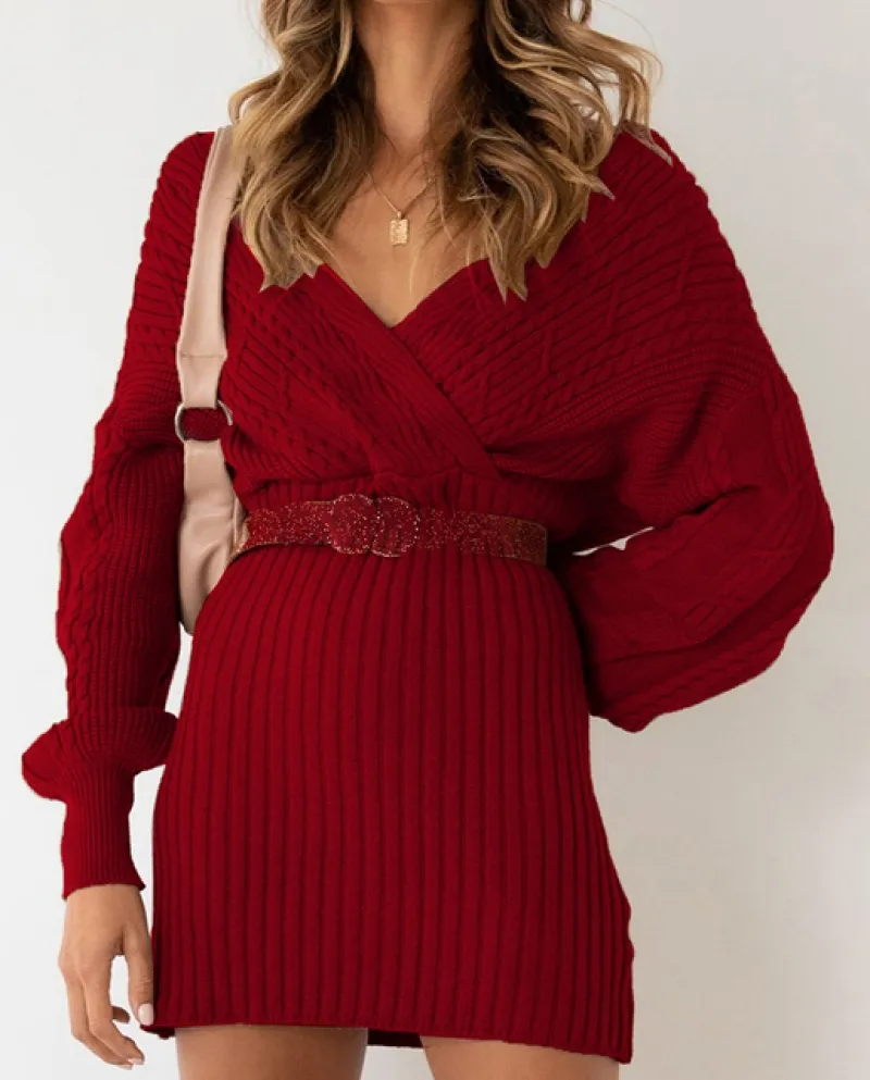 Moda inverno scollo a V abito corto maglione elegante solido manica lunga lavorato a maglia vestito sottile con spalle scoperte