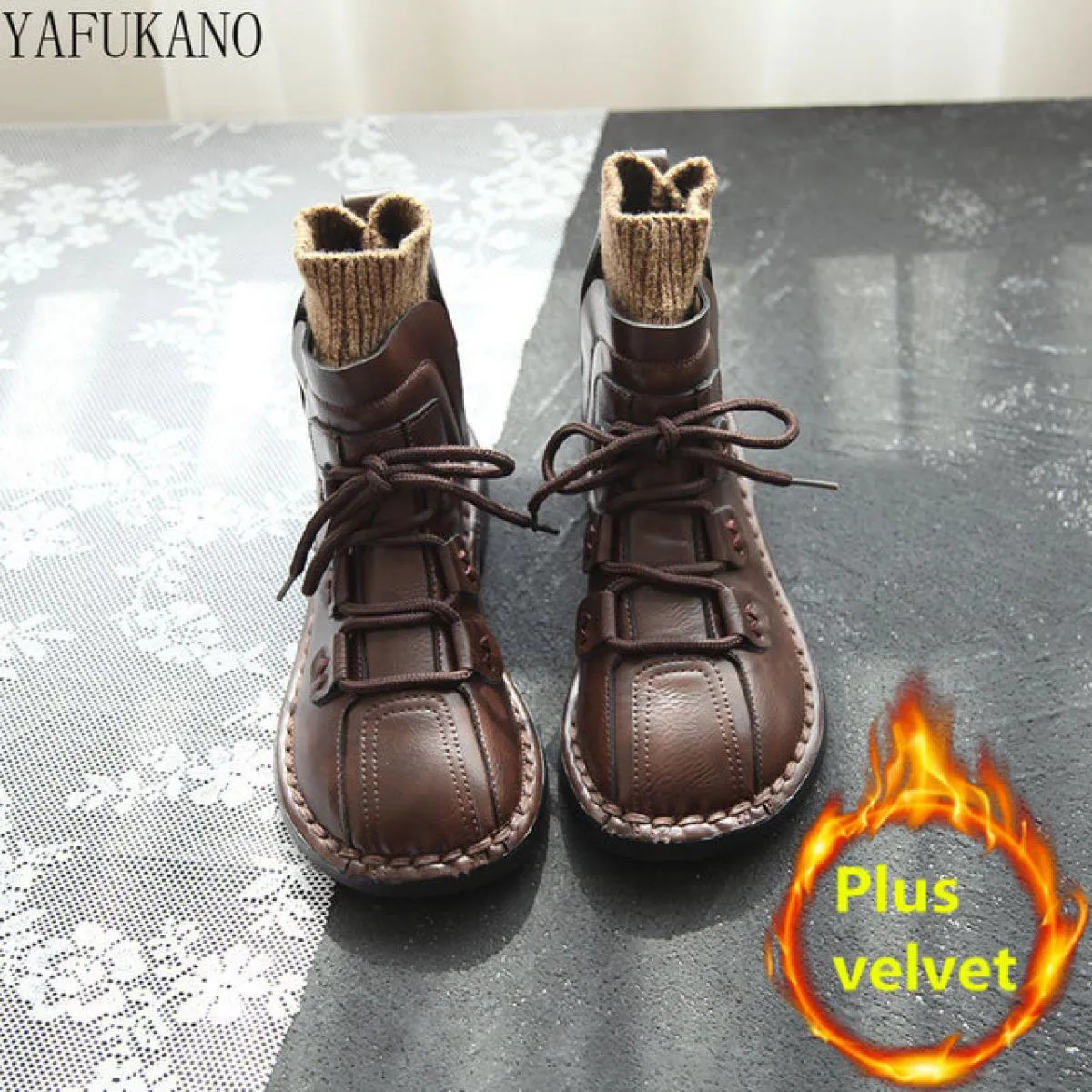 Mori Girl Stivaletti da donna con cuciture letterarie fatte a mano Scarpe retrò con testa grande Suola morbida Comfort Stivalett