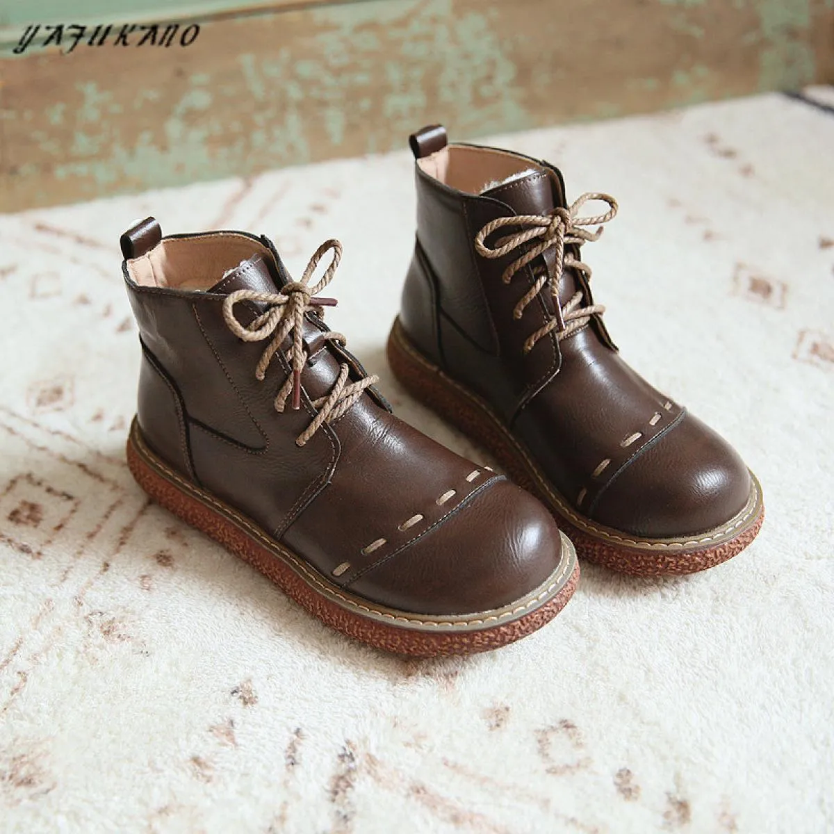 Mori Girl Stivali da donna Stivali corti con piattaforma retrò letteraria Stivali da donna casual fatti a mano Stivaletti caldi
