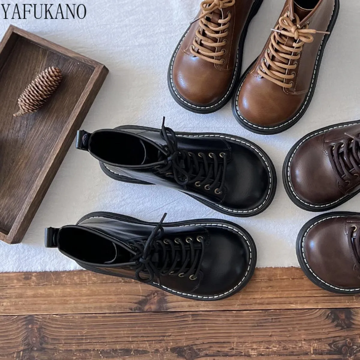 Mori Stivaletti casual retrò letterari fatti a mano con suola spessa Scarpe con testa grande Piattaforma Stivali da donna Pellic