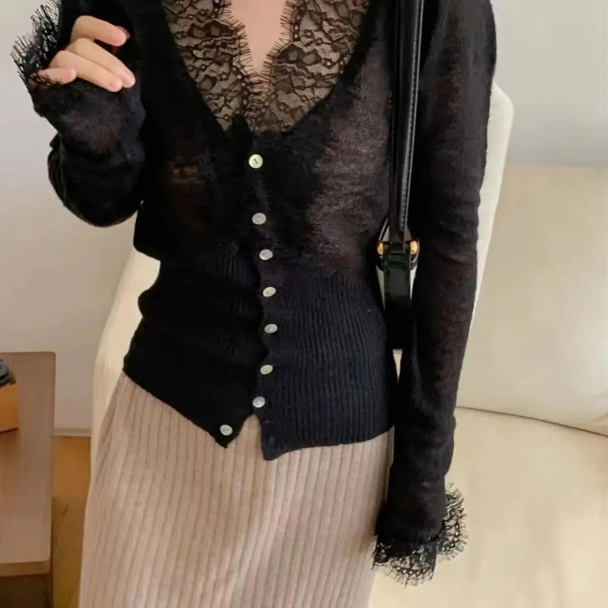 New Fashion Chic Vintage maglione pizzo donna autunno inverno lavorato a maglia cardigan con scollo a V top eleganti 2023