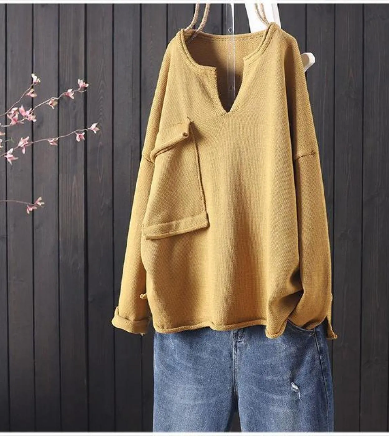 New Springautumn Arts Style Women Loose Casual manica lunga con scollo a V tasche pullover patchwork maglione lavorato a maglia