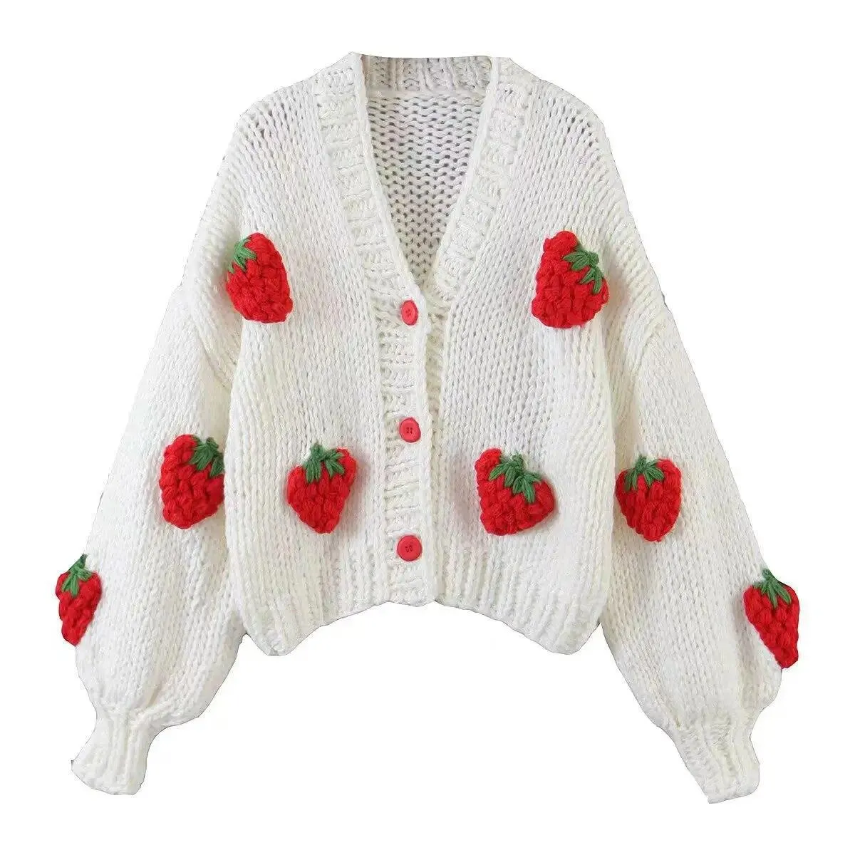 Nuovo maglione cardigan lavorato a maglia da donna con scollo a V manica lanterna cappotto fragola  Top abbigliamento donna c