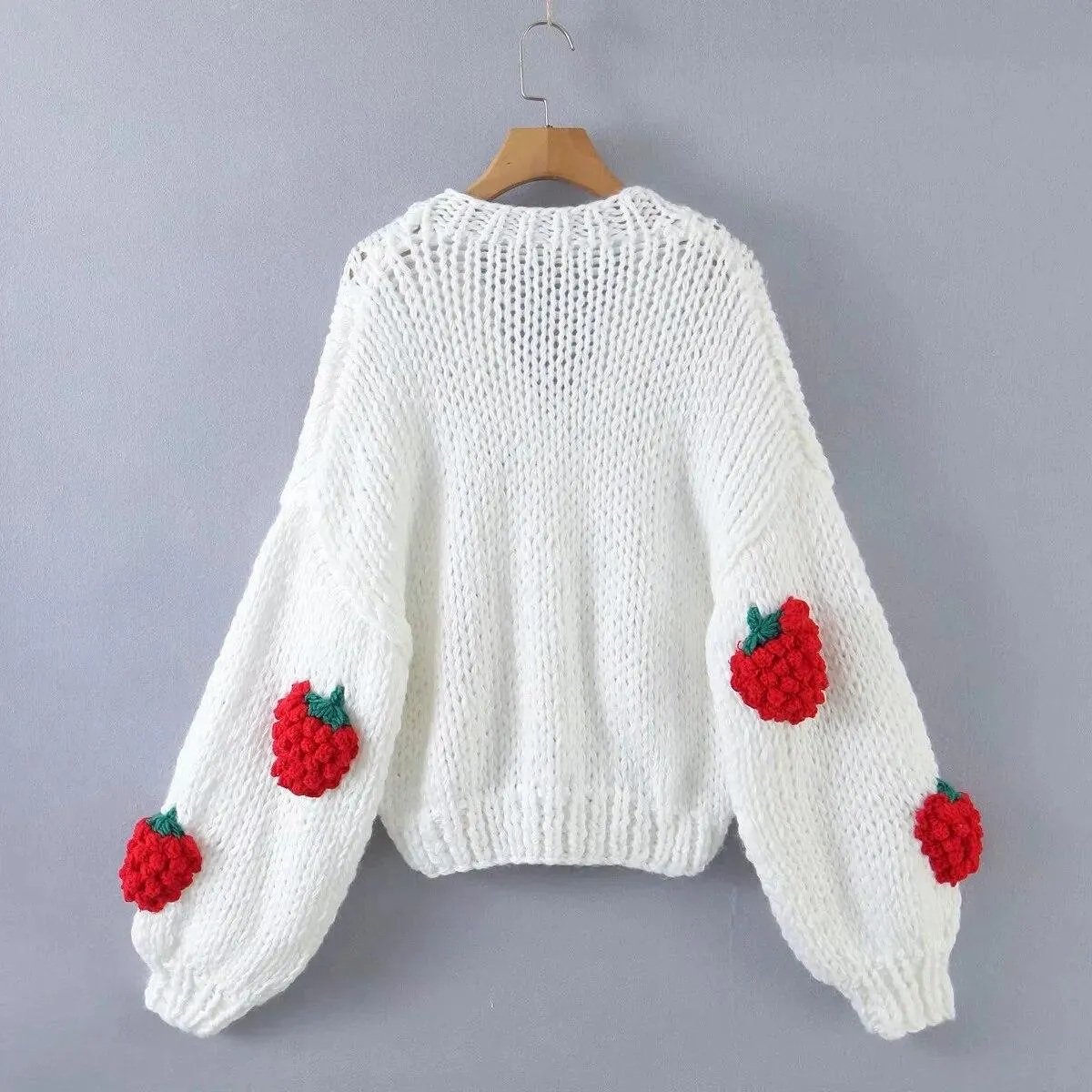 Nuovo maglione cardigan lavorato a maglia da donna con scollo a V manica lanterna cappotto fragola  Top abbigliamento donna c