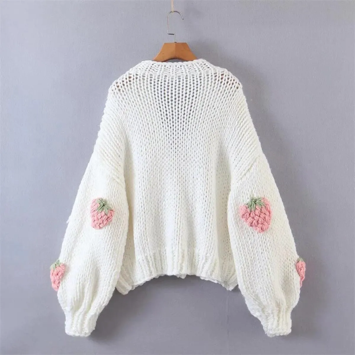 Nuovo maglione cardigan lavorato a maglia da donna con scollo a V manica lanterna cappotto fragola  Top abbigliamento donna c