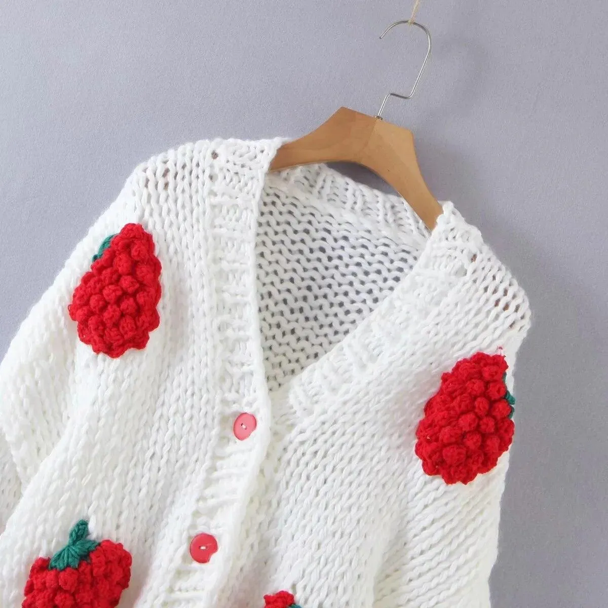 Nuovo maglione cardigan lavorato a maglia da donna con scollo a V manica lanterna cappotto fragola  Top abbigliamento donna c