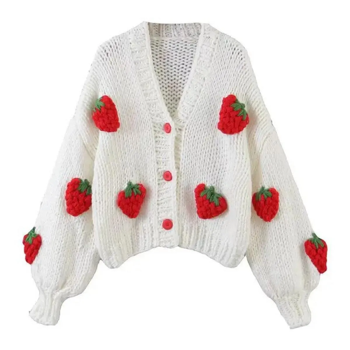 Nuovo maglione cardigan lavorato a maglia da donna con scollo a V manica lanterna cappotto fragola  Top abbigliamento donna c