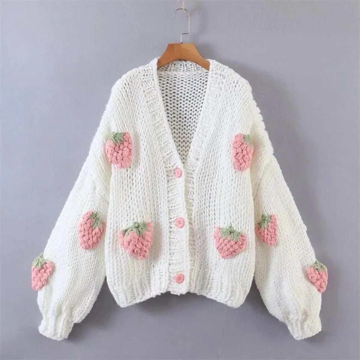 Nuovo maglione cardigan lavorato a maglia da donna con scollo a V manica lanterna cappotto fragola  Top abbigliamento donna c