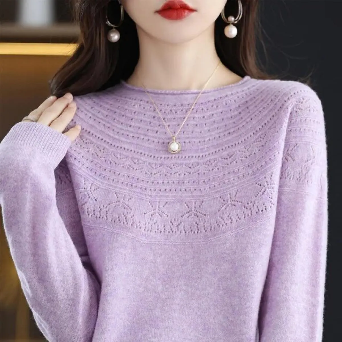Nuovo stile trendy Una linea pronta da indossare Maglione in pura lana Pullover lavorato a maglia cava da donna Autunno Inverno