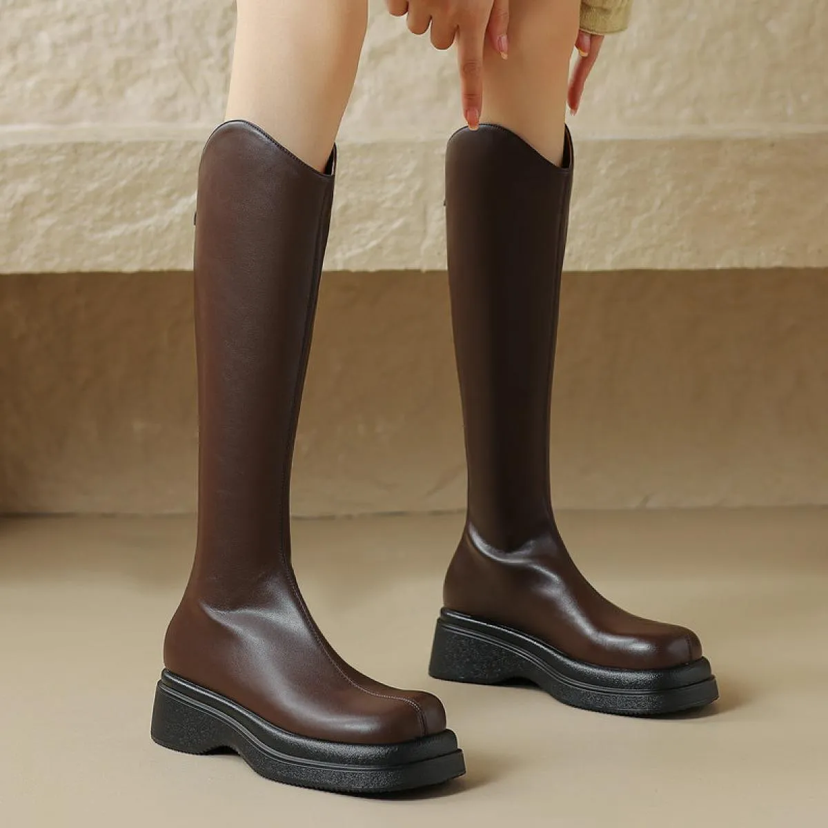 Piattaforma Donna Stivali alti al ginocchio Vera pelle Tacco spesso medio Cerniere posteriori Scarpe Chelsea Donna Autunno Inver