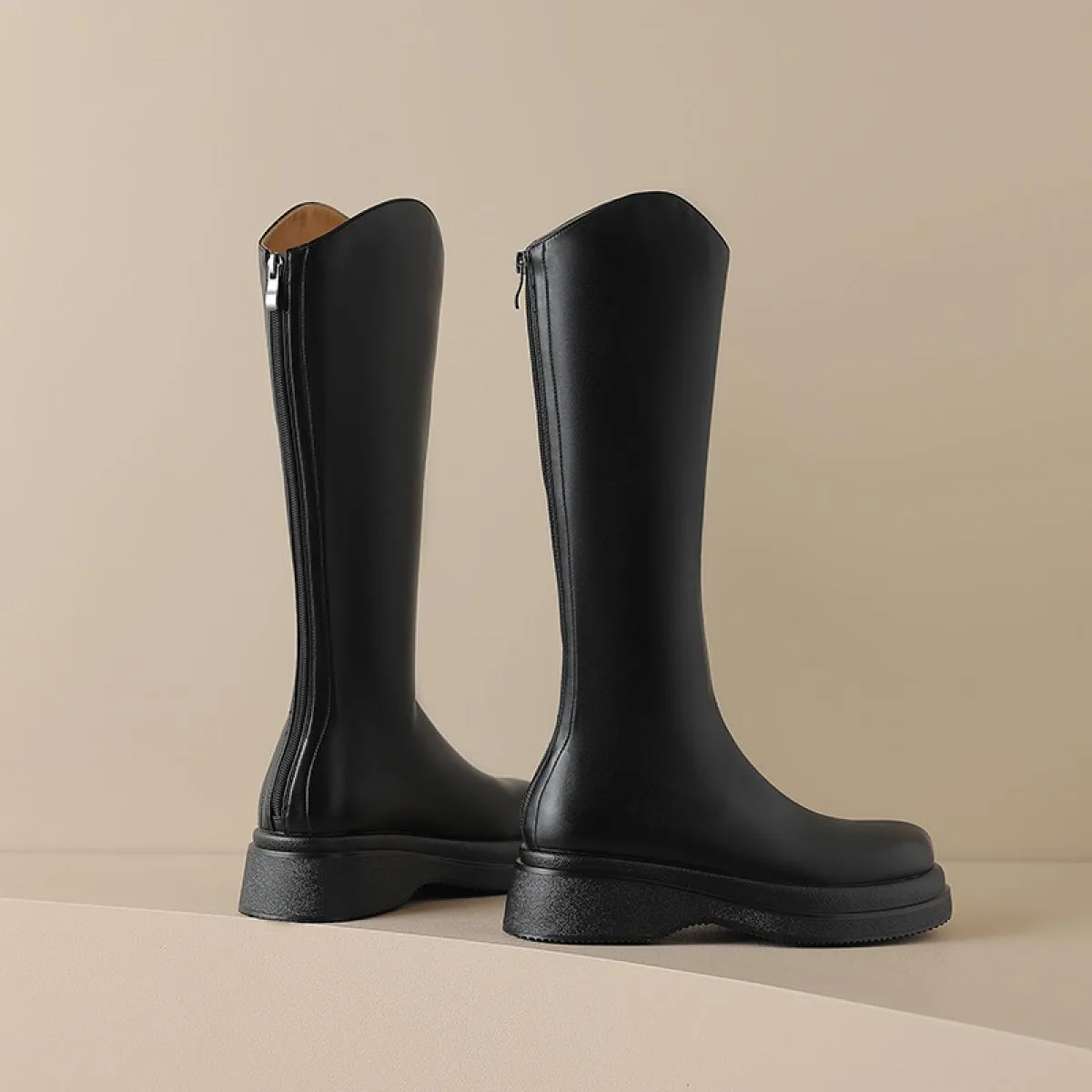 Piattaforma Donna Stivali alti al ginocchio Vera pelle Tacco spesso medio Cerniere posteriori Scarpe Chelsea Donna Autunno Inver