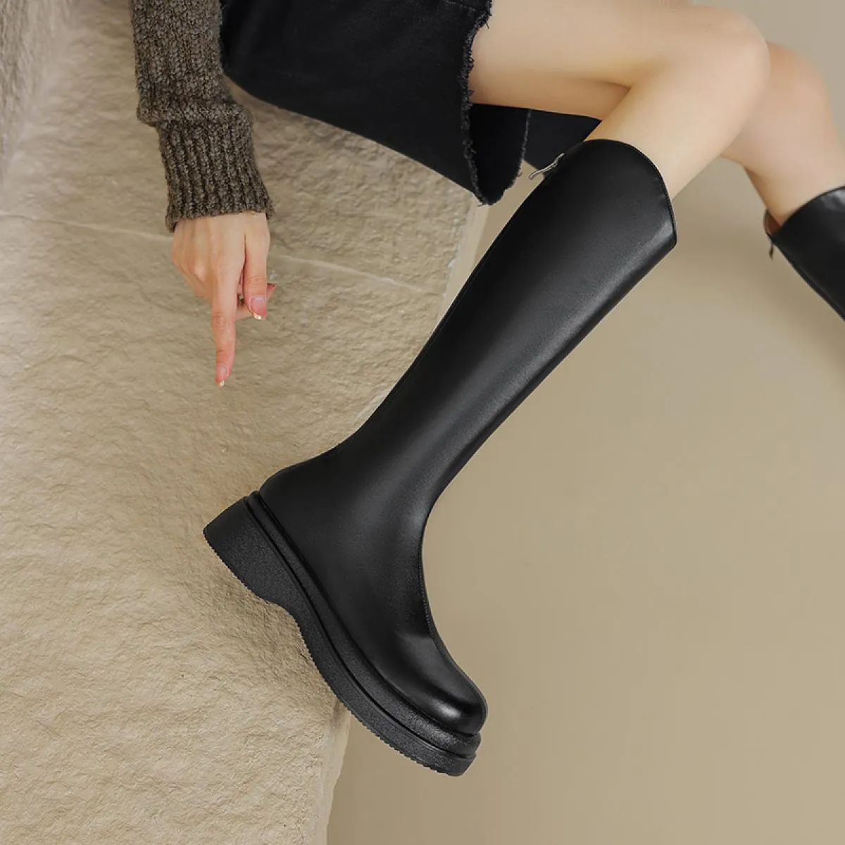 Piattaforma Donna Stivali alti al ginocchio Vera pelle Tacco spesso medio Cerniere posteriori Scarpe Chelsea Donna Autunno Inver