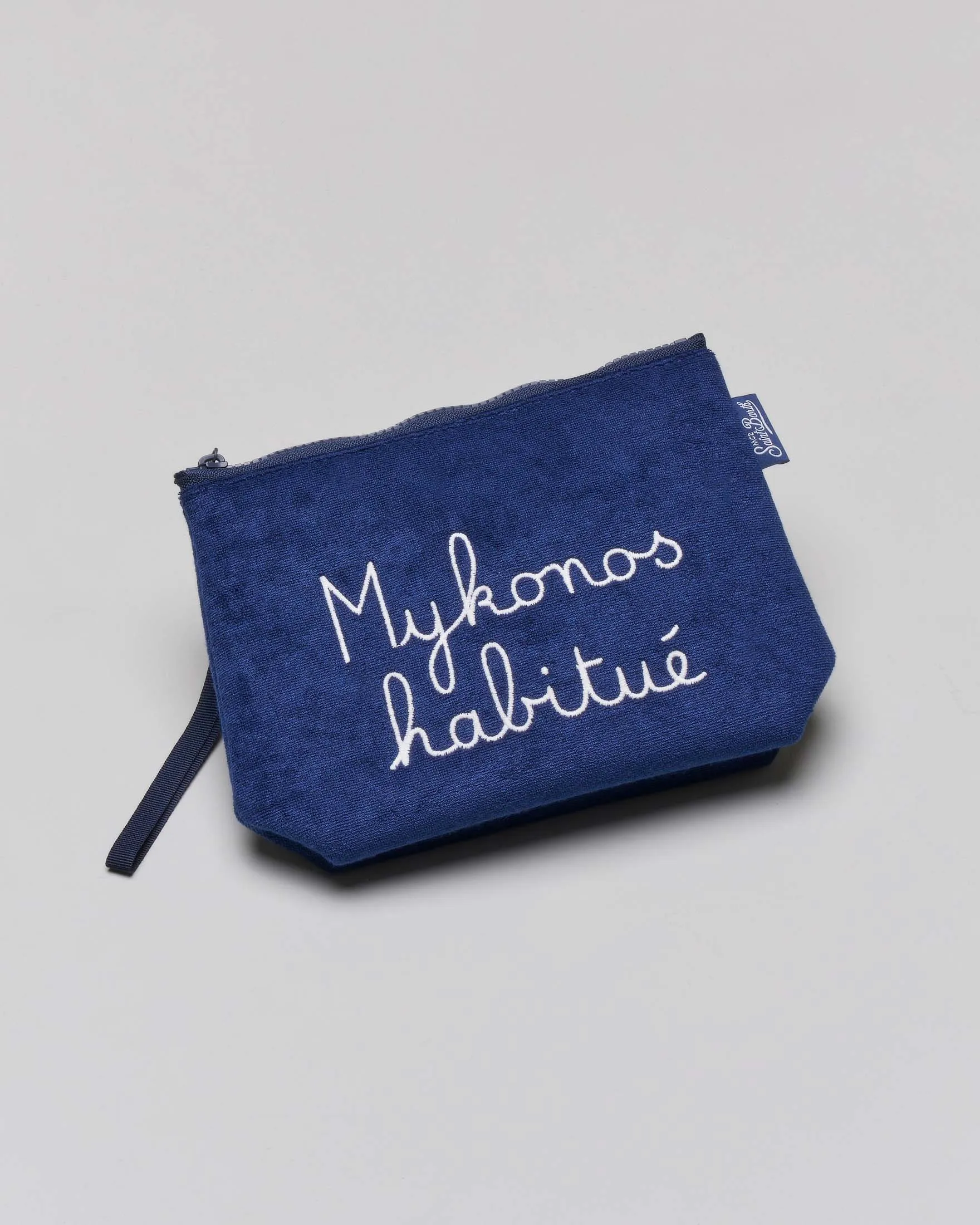 Pochette Aline blu in spugna con scritta bianca Mykonos habituè e laccetto