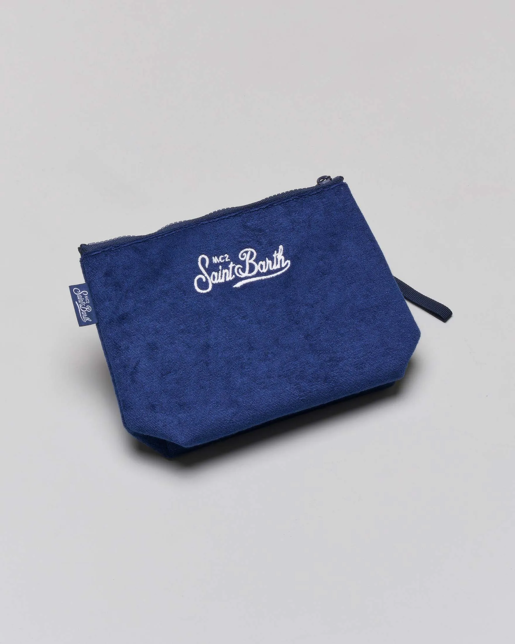 Pochette Aline blu in spugna con scritta bianca Mykonos habituè e laccetto