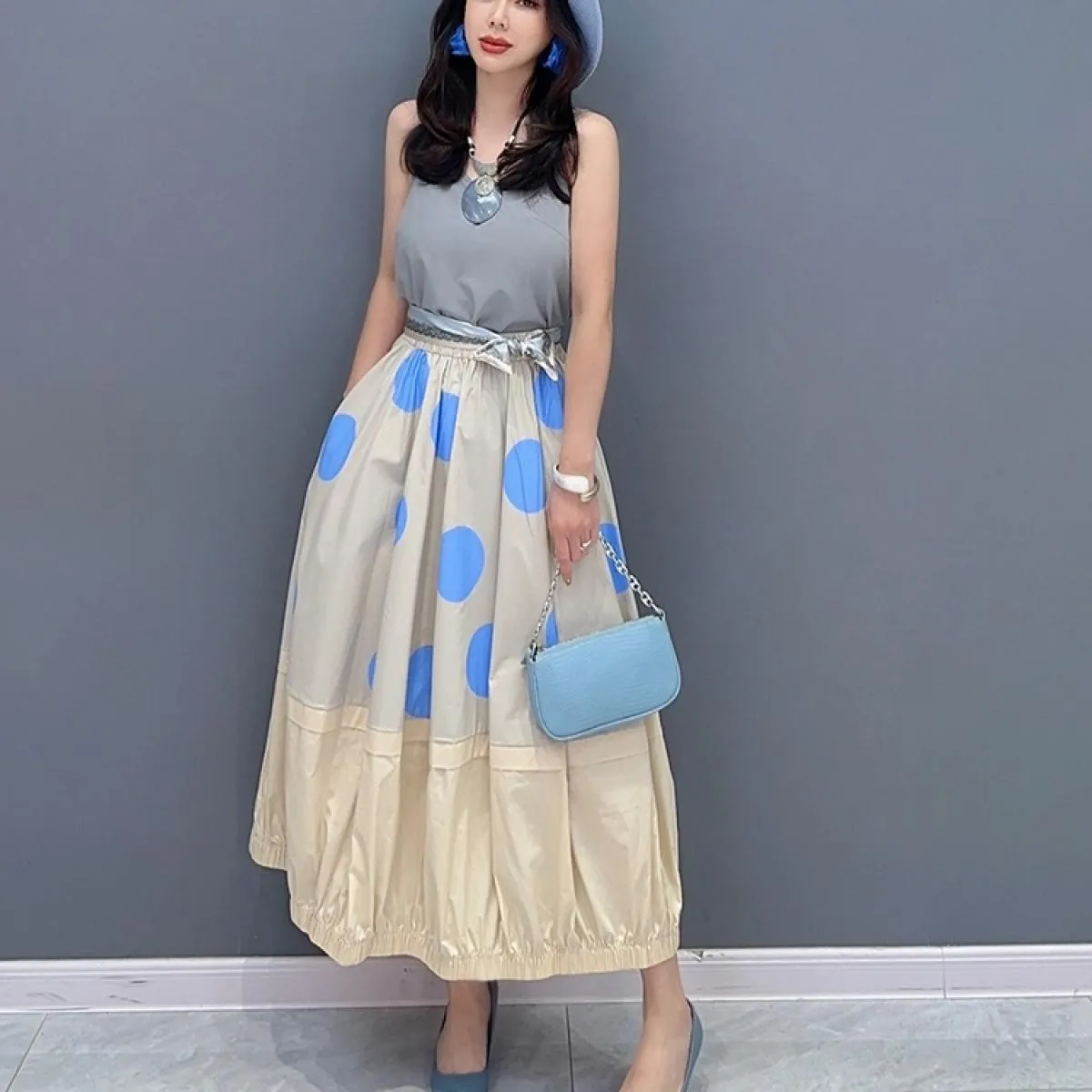 Qing Mo 2023 Estate Nuovo Stile Casual Punto Colorato Vestito Carino Un Pezzo Mezza Gonna Moda Donna Zxf3119