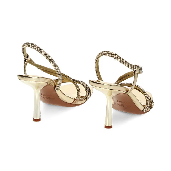 Sandali oro in laminato e pietre, tacco 8,4 cm