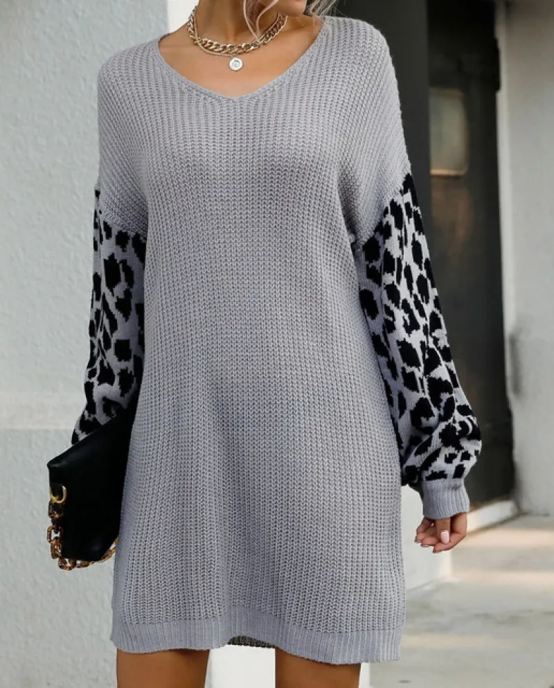 Signore Autunno E Inverno Moda Leopardo Patckwork Womens Vestito Lavorato A Maglia Con Scollo A V Cuciture Leopard Maglione Dres