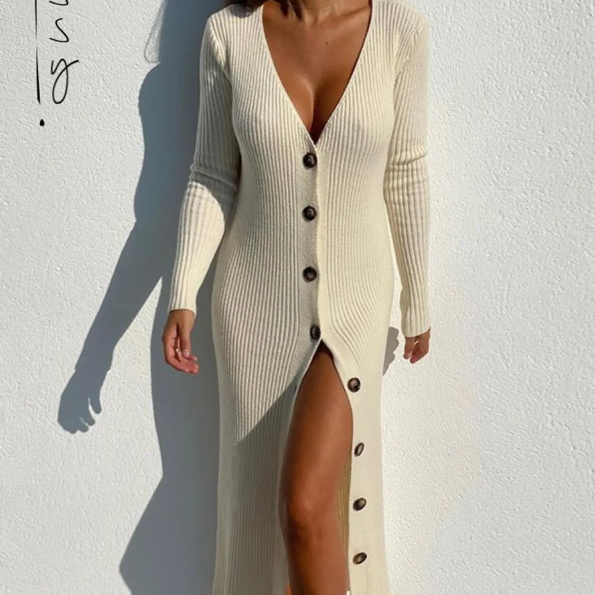 Spring Nuovo maglione lavorato a maglia Abito con scollo a V Manica lunga aderente Abito midi Cardigan Maglieria Abito cas