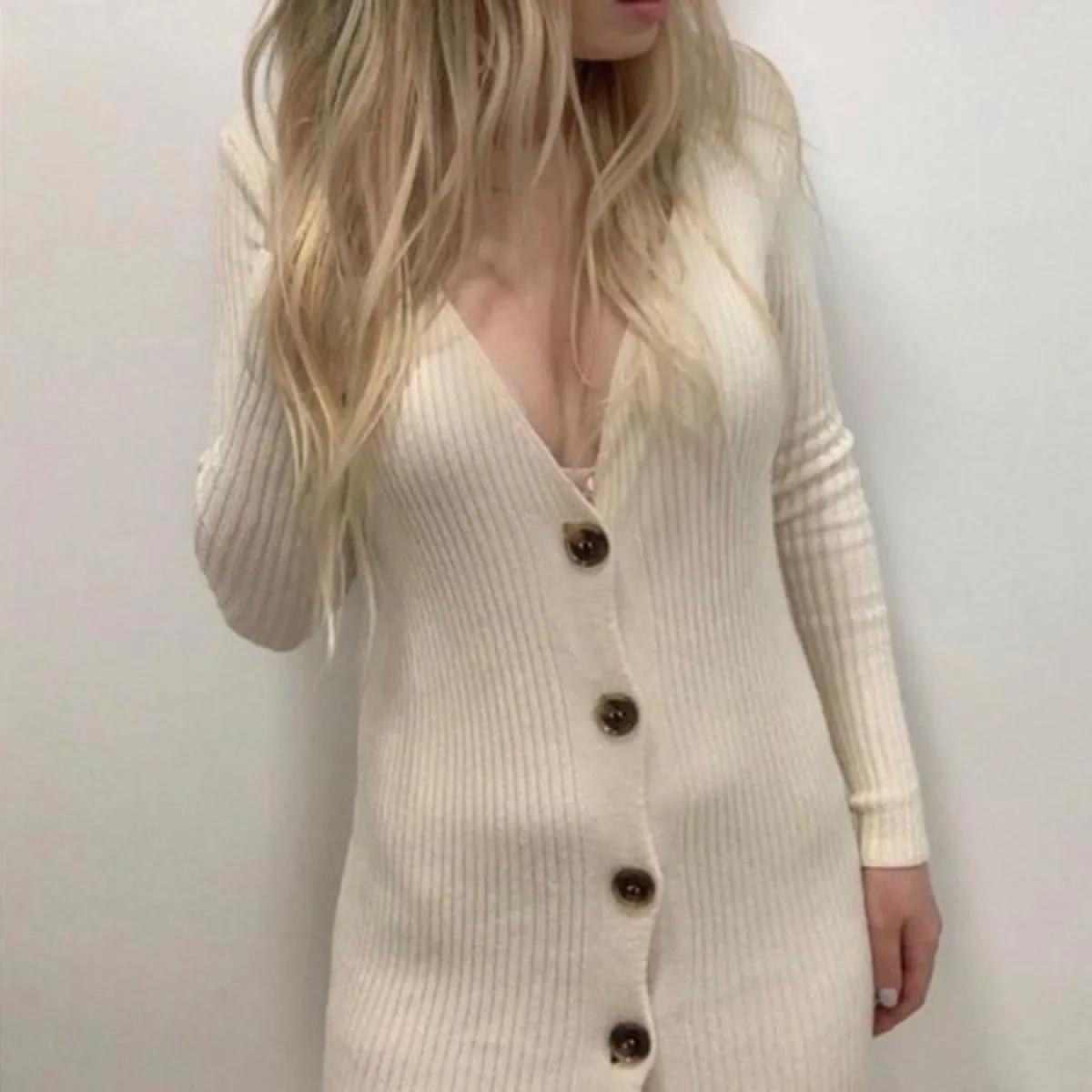 Spring Nuovo maglione lavorato a maglia Abito con scollo a V Manica lunga aderente Abito midi Cardigan Maglieria Abito cas