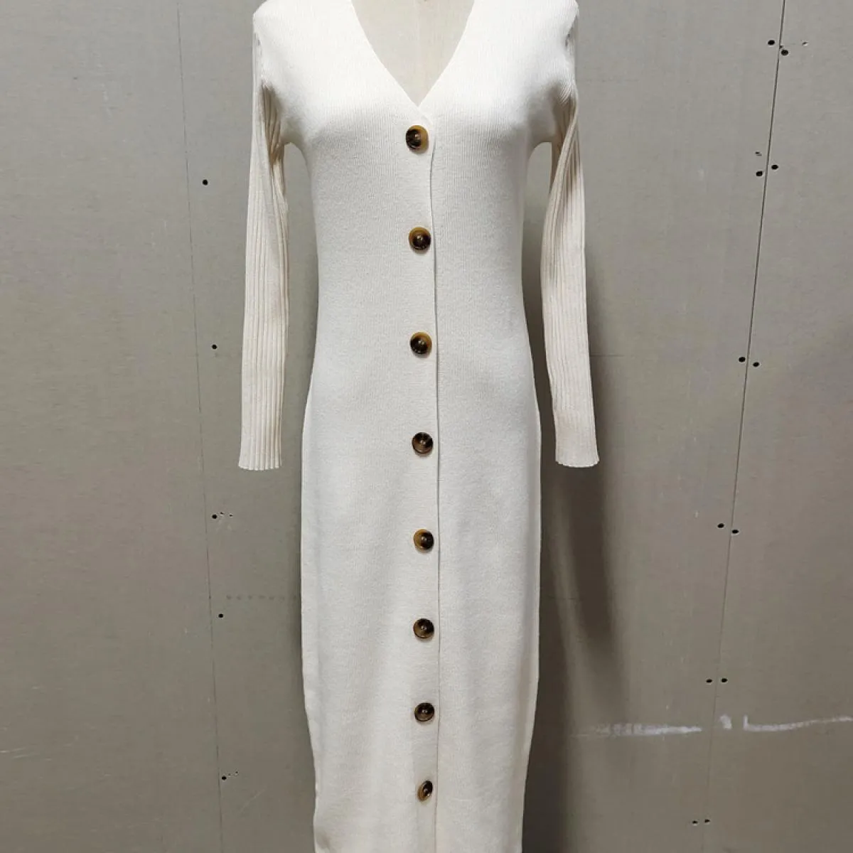 Spring Nuovo maglione lavorato a maglia Abito con scollo a V Manica lunga aderente Abito midi Cardigan Maglieria Abito cas