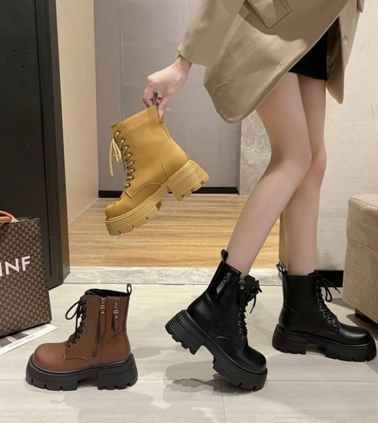 Stivaletti da donna 2022 nuovi stivali autunno inverno donna moda laceup moda cerniera Botas Mujer piattaforma tacco scarpe da d