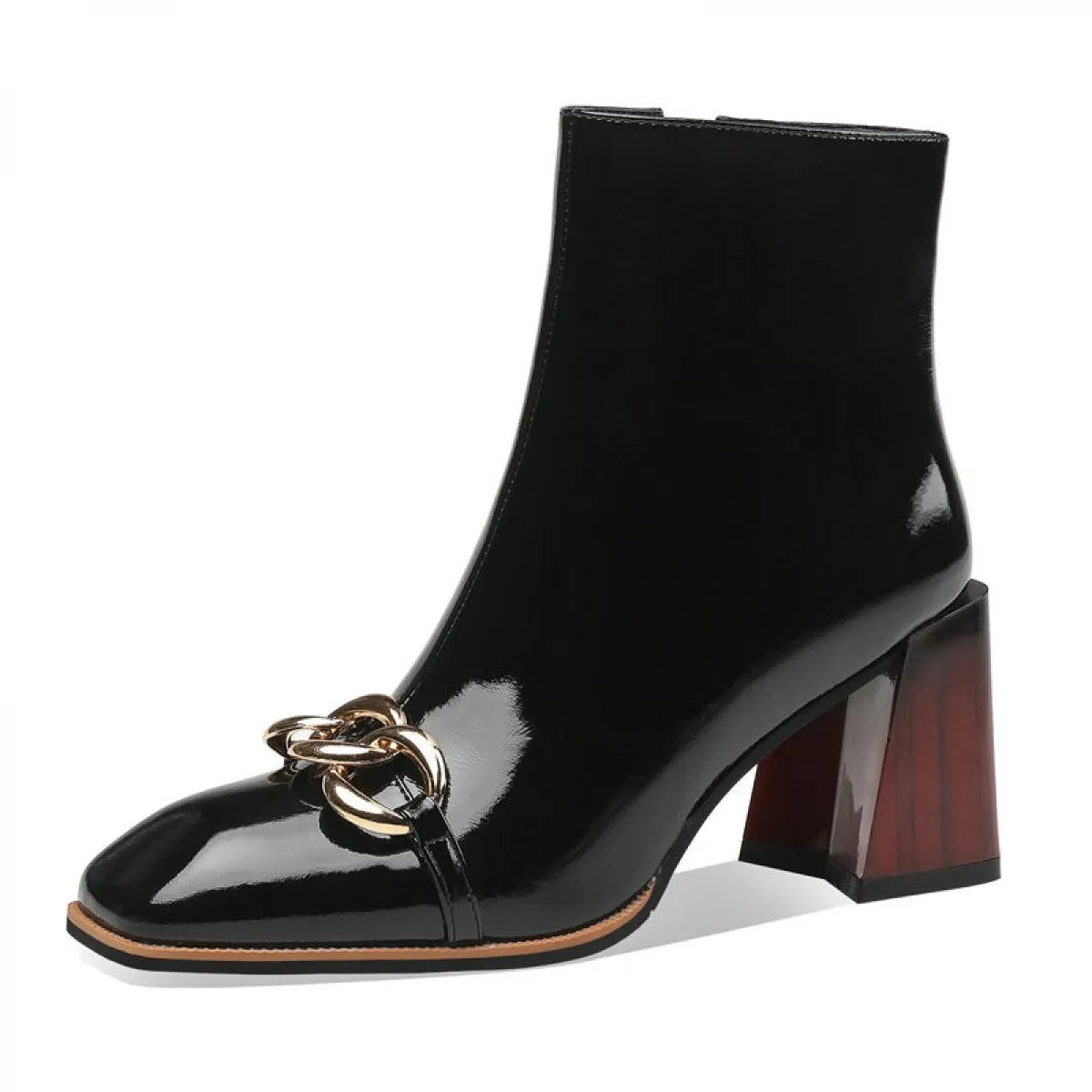 Stivaletti da donna Autunno Inverno Ufficio da donna Punta quadrata Tacchi alti spessi Pelle verniciata Catena di moda Scarpe da